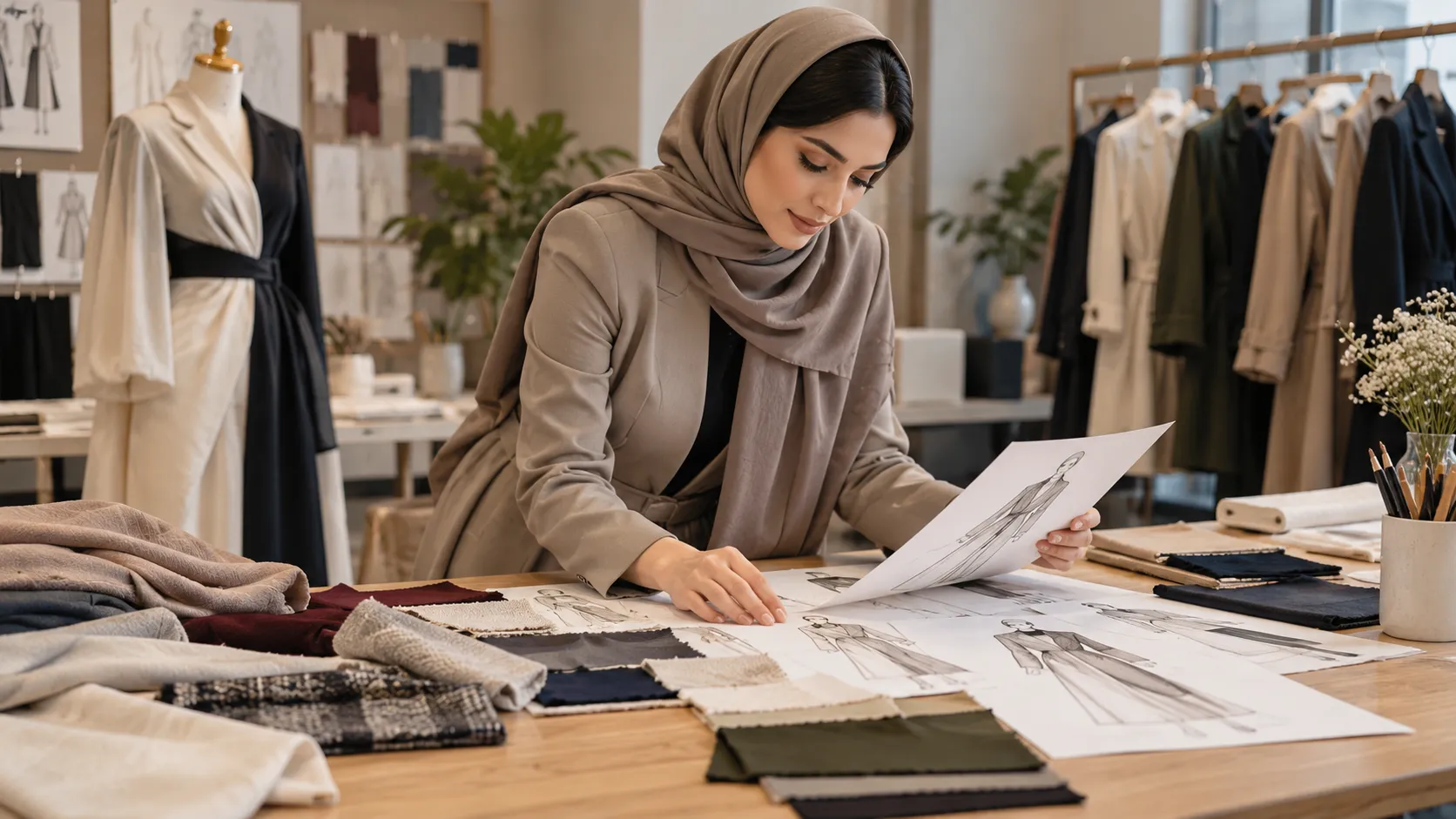 طراح لباس زن در حال طراحی کالکشن پوشاک در استودیو طراحی