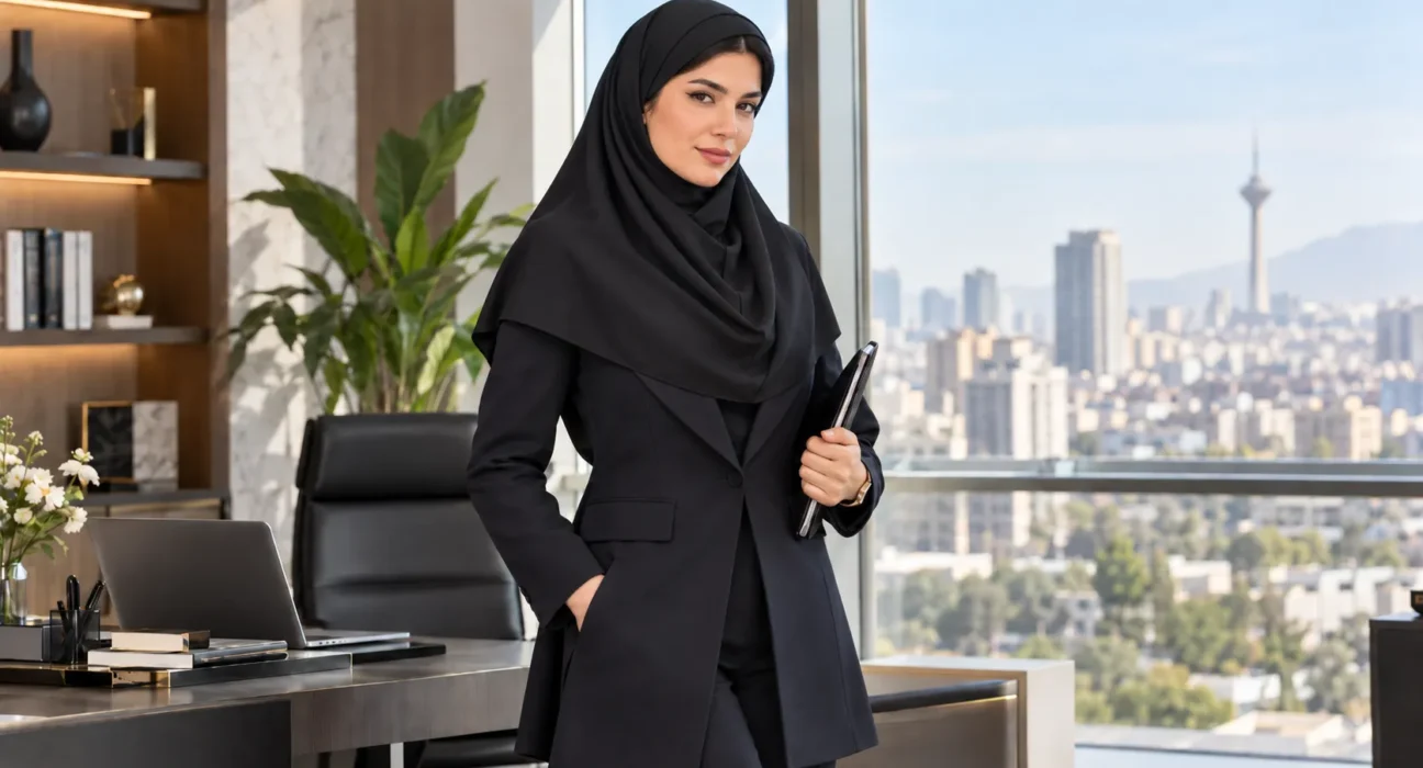 زن شاغل با مقنعه تل دار و مانتو اداری رسمی