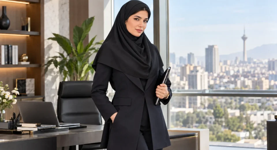 زن شاغل با مقنعه تل دار و مانتو اداری رسمی