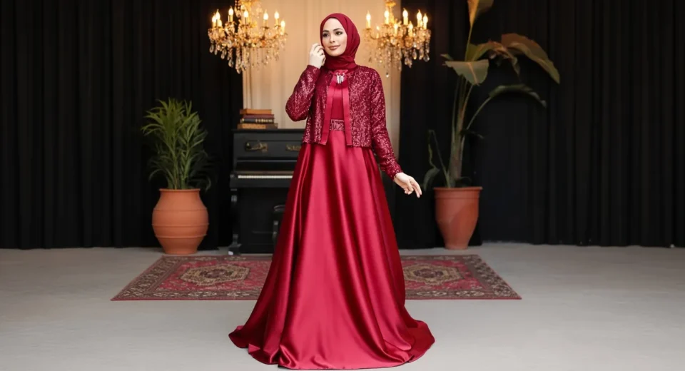 کت حجاب زنانه روی لباس مجلسی برای استایل رسمی و پوشیده