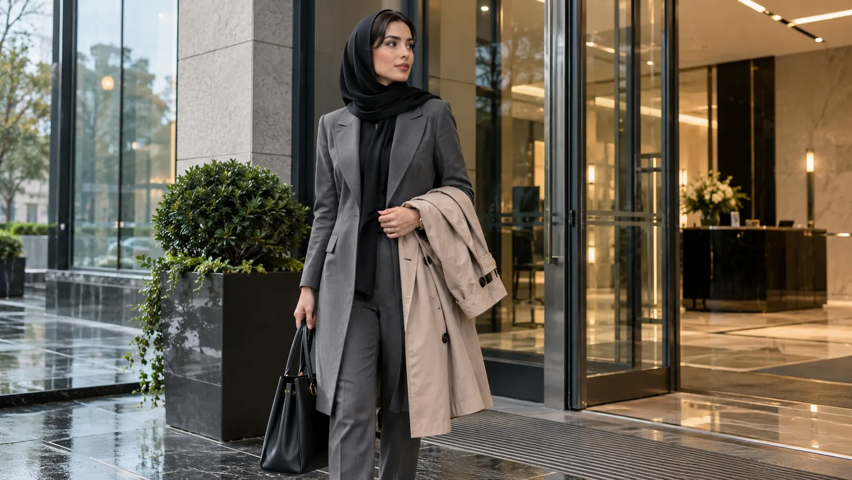 زن ایرانی با مانتو شلوار رسمی در ورودی دفتر، با بارانی روی ساعد