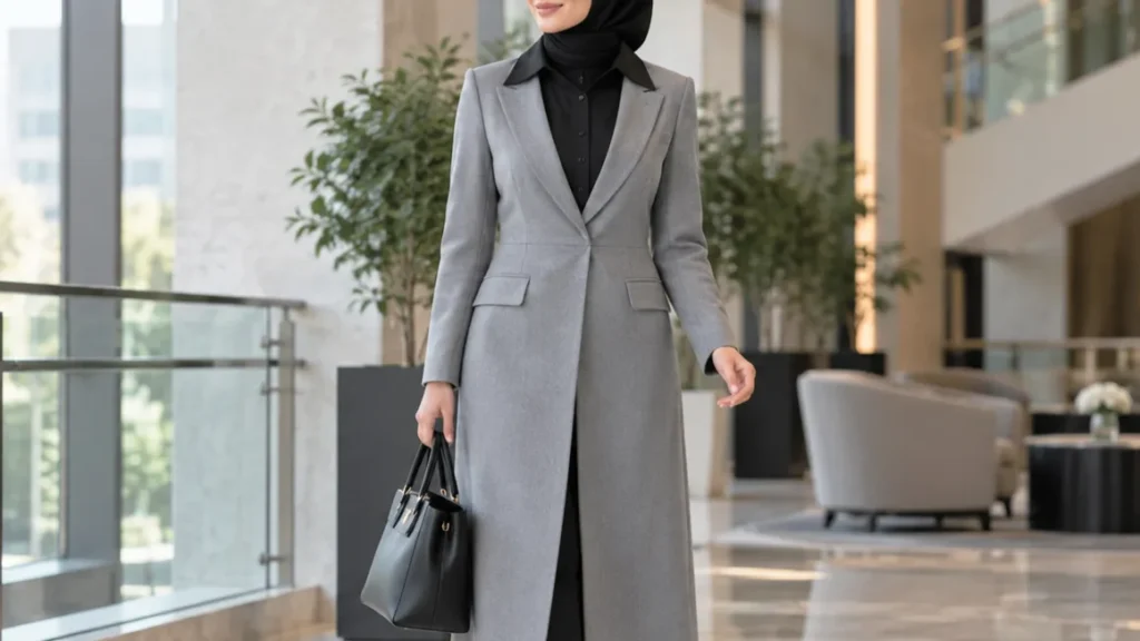 مانتو طوسی با یقه حجاب مشکی