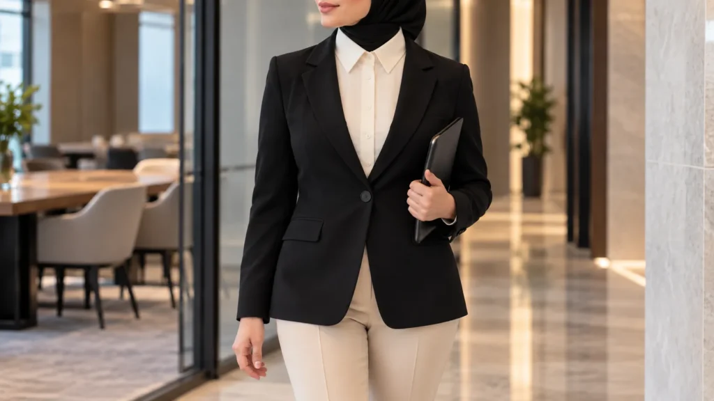 مانتو مشکی با یقه حجاب کرم