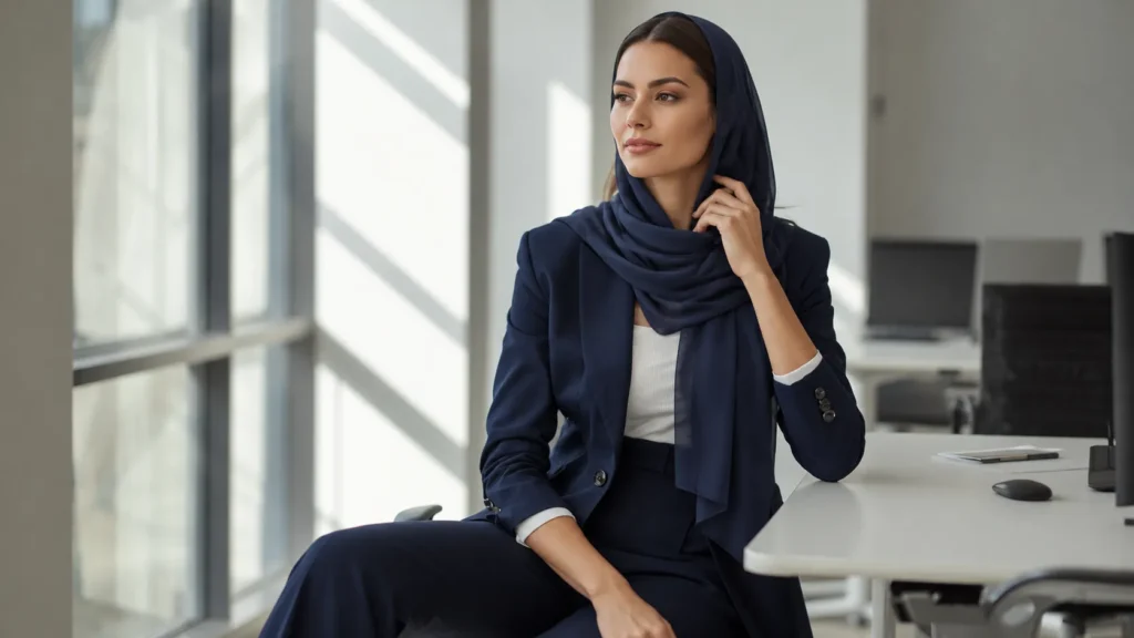 زن شاغل با کت رسمی سرمه ای یقه انگلیسی و شلوار پارچه ای در اتاق جلسه کاری
