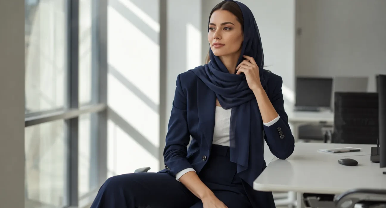 زن شاغل با کت رسمی سرمه ای یقه انگلیسی و شلوار پارچه ای در اتاق جلسه کاری