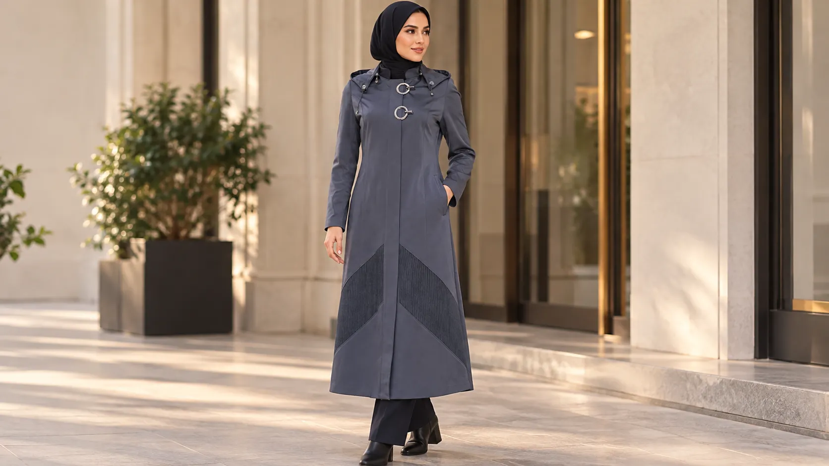 بارانی زنانه بلند کلاه بافت دار