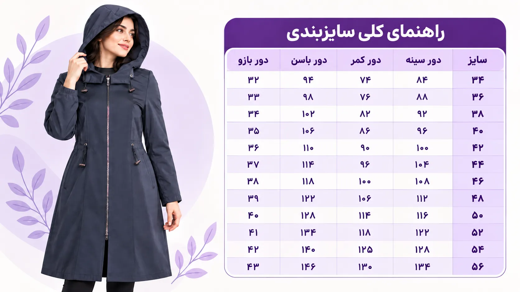 جدول سایزبندی بارانی زنانه
