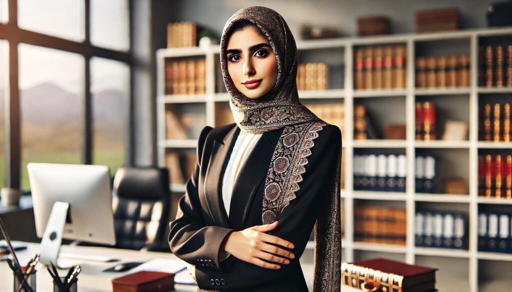 خانم وکیل محجبه ایرانی با کت‌وشلوار مشکی رسمی و شال سنتی، ایستاده در یک دفتر مدرن با قفسه‌های کتاب و اسناد حقوقی، تأکید بر حرفه‌ای‌گری و وقار جهت نشان دادن پوشش مناسب برای خانم‌های وکیل
