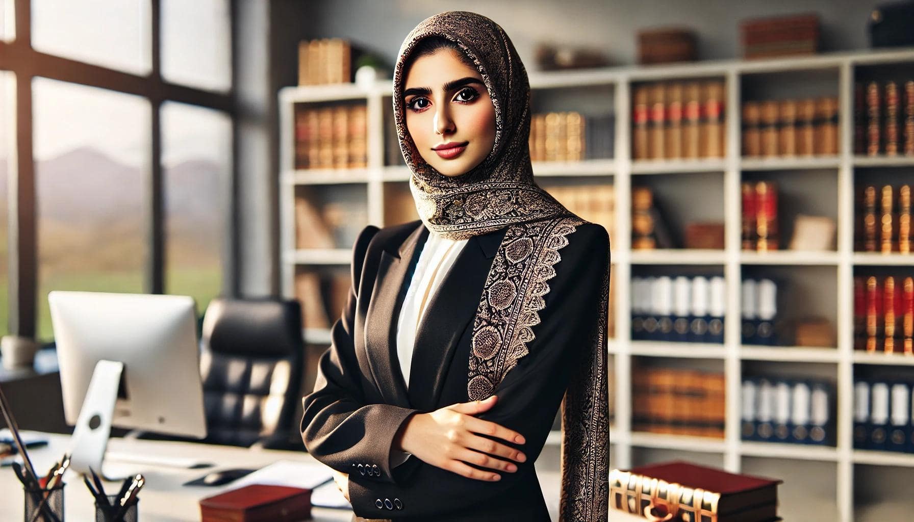 خانم وکیل محجبه ایرانی با کت‌وشلوار مشکی رسمی و شال سنتی، ایستاده در یک دفتر مدرن با قفسه‌های کتاب و اسناد حقوقی، تأکید بر حرفه‌ای‌گری و وقار جهت نشان دادن پوشش مناسب برای خانم‌های وکیل