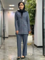 کت شلوار چهارخانه یقه انگلیسی شلوار دمپا رنگ آبی